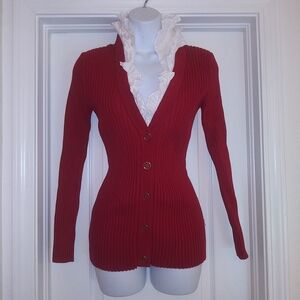 Sara I. Red Ribbed Ruffle Collar V Neck Sweater